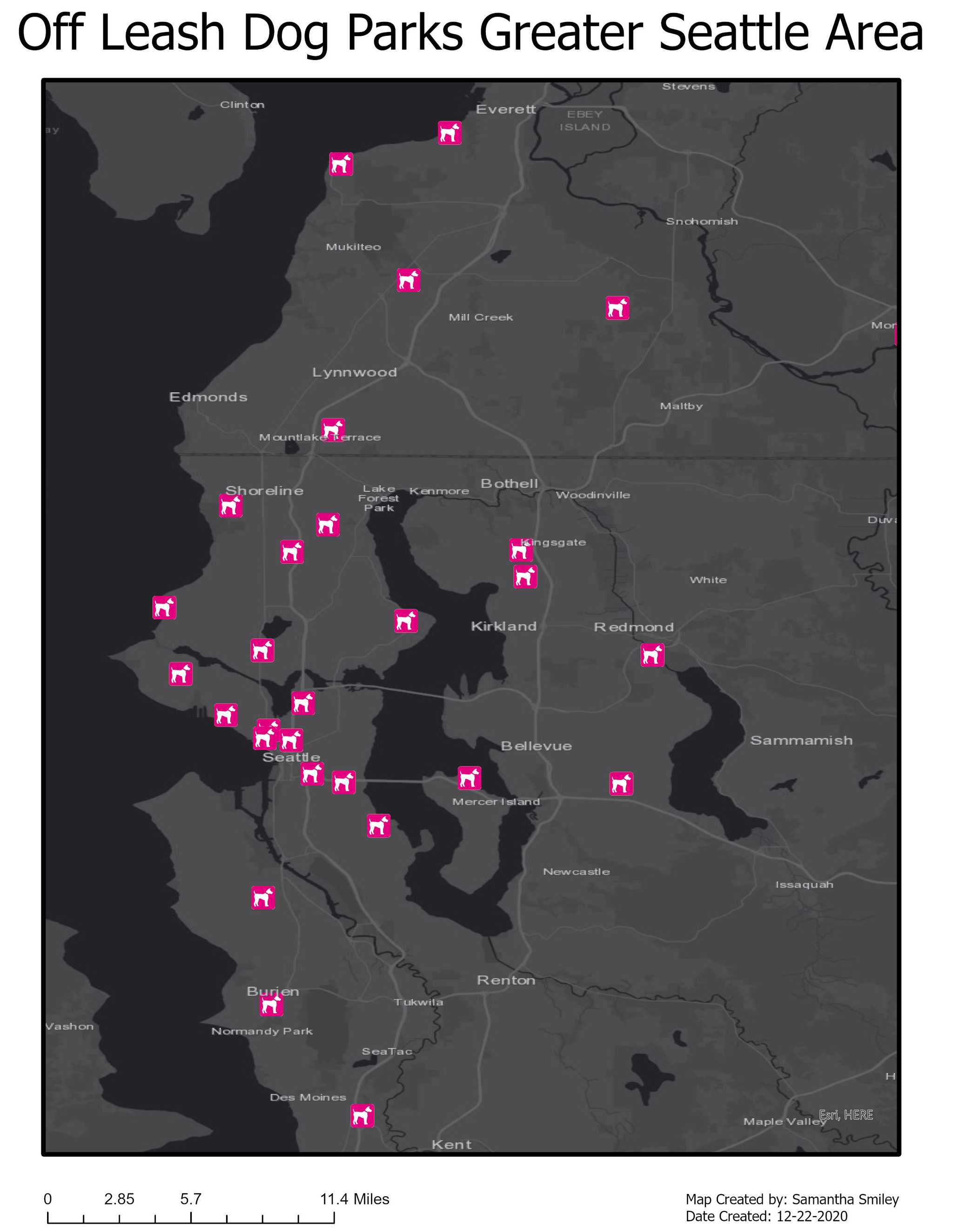 Map of off leash dog parks in Greater Seattle Area